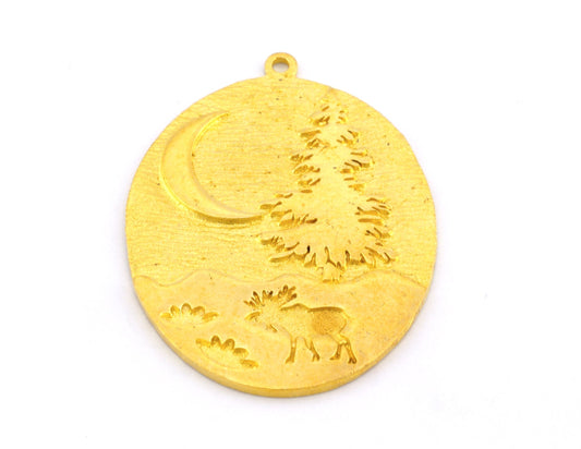 Pine Crescent Deer Landscape Tree Moon Charms Pendant Raw Brass 41x30mm 5016