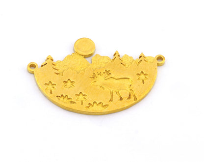 Landscape Deer Tree Forest Charms Connector Mountain Pendant Raw Brass 38x24mm 5033