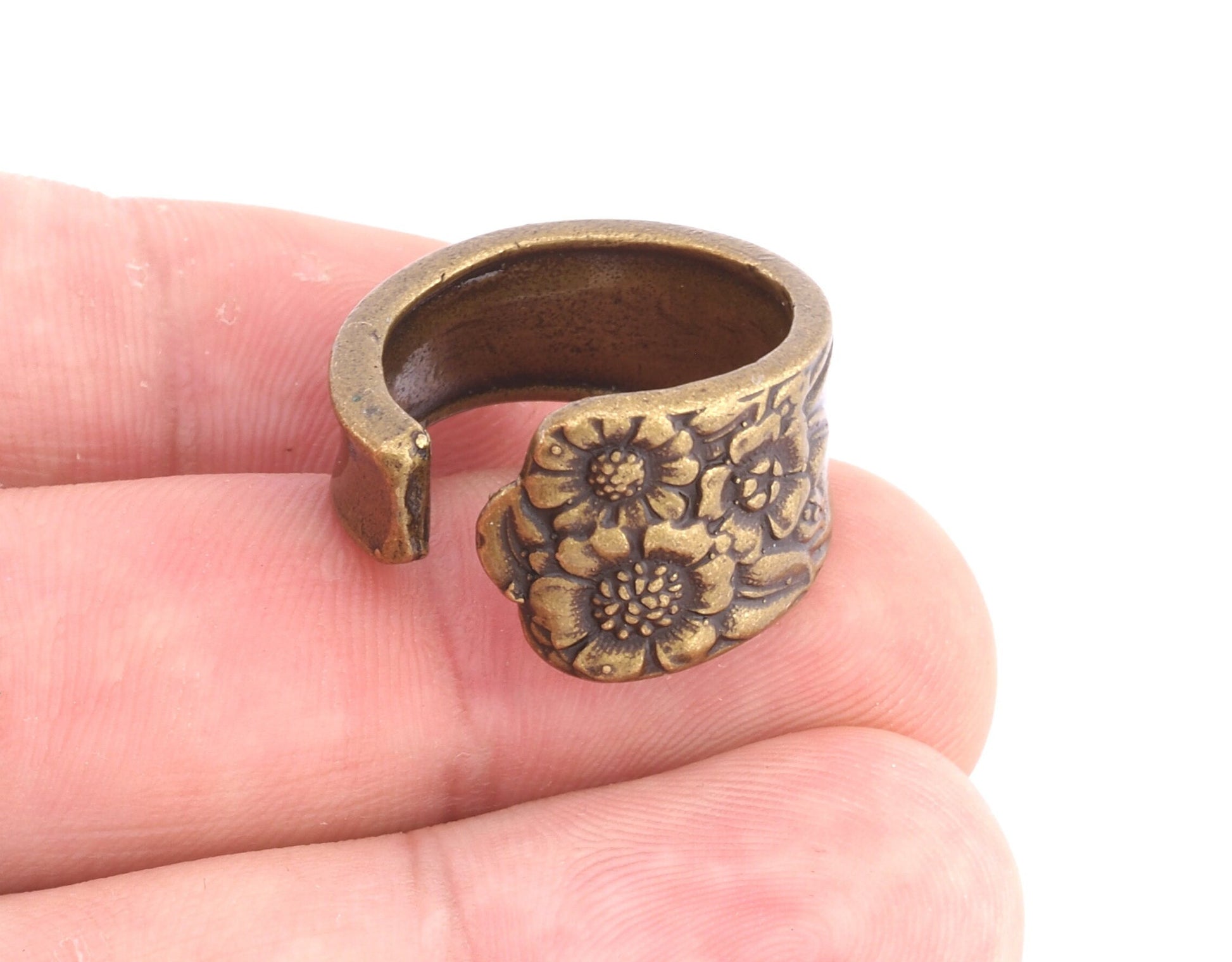 Spoon Ring Flower Patterned Adjustable Ring Antique Bronze Plated Brass (18mm 8US inner size) OZ2543
