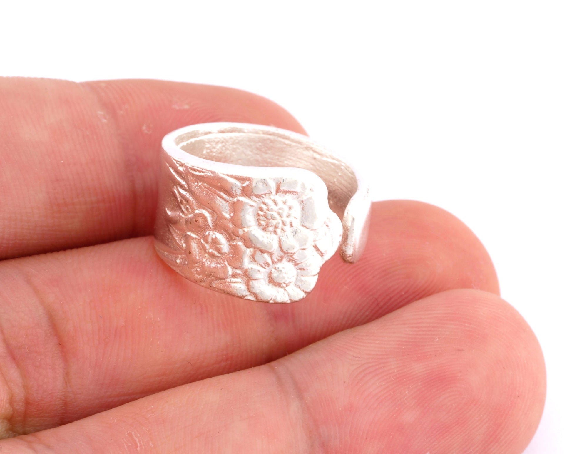 Spoon Ring Flower Patterned Adjustable Ring Shiny Silver Plated Brass (18mm 8US inner size - Adjustable ) OZ2543