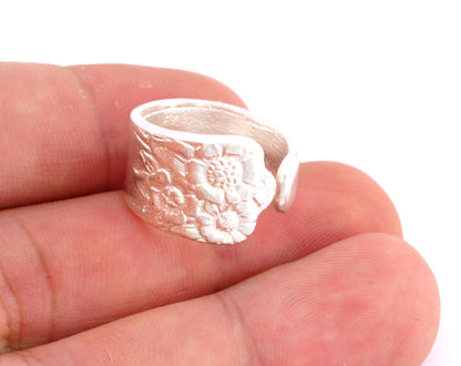 Spoon Ring Flower Patterned Adjustable Ring Shiny Silver Plated Brass (18mm 8US inner size - Adjustable ) OZ2543