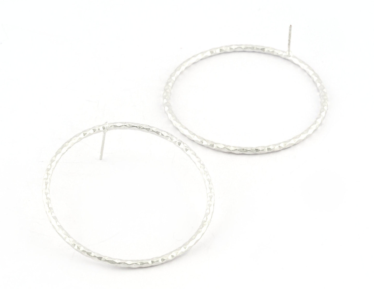 Big Circle Hoop Textured Earrings Base Stud, Shiny silver plated brass , 46mm 4602