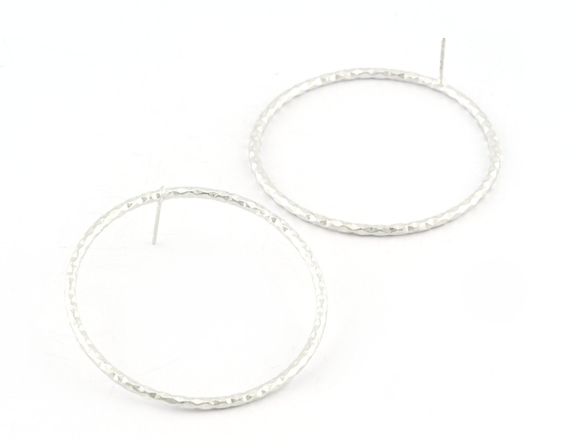 Big Circle Hoop Textured Earrings Base Stud, Shiny silver plated brass , 46mm 4602