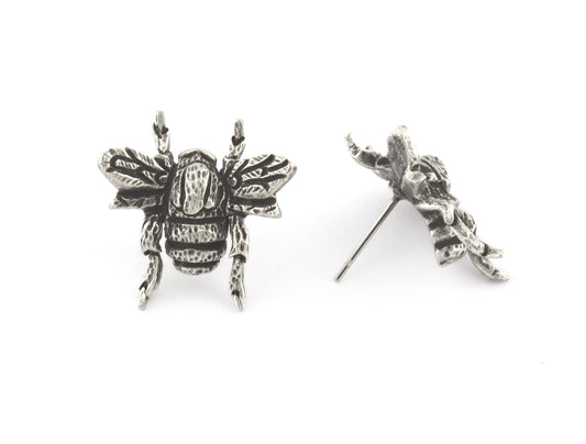 Honey bee wing fly earring stud posts earring wire base 20x19 Antique silver plated brass OZ4037