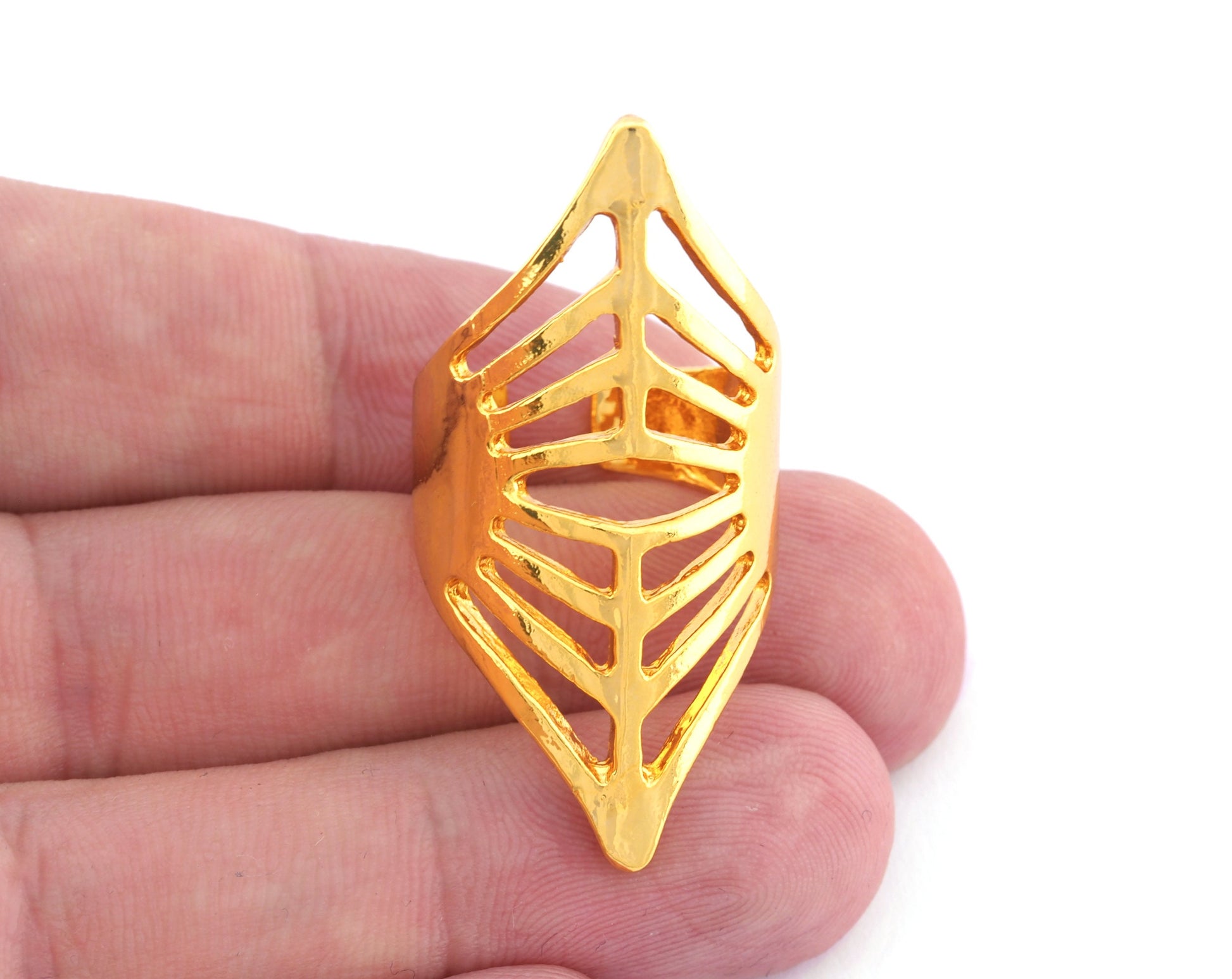 Rhombus Lines Adjustable Ring Shiny Gold Plated Brass (18.5mm 8.5US inner size) OZ2637 43mm