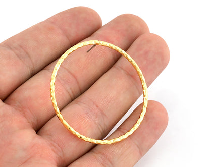 Big Circle Hoop Textured Earrings Base Stud, Shiny gold plated brass , 46mm 4602