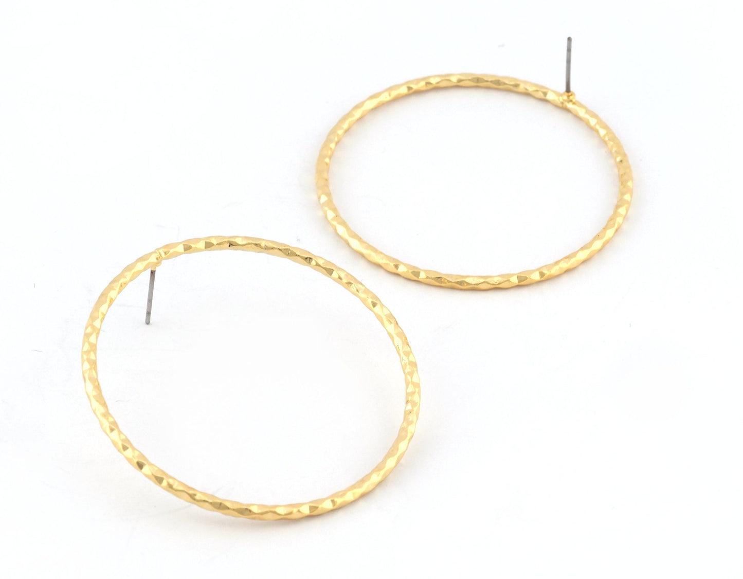 Big Circle Hoop Textured Earrings Base Stud, Shiny gold plated brass , 46mm 4602