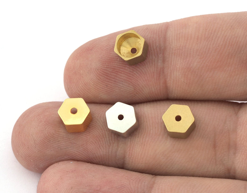 Hexagonal end caps, 7x5mm 6mm inner raw brass - Antique silver - Shny Gold Plated 3201 ENC6