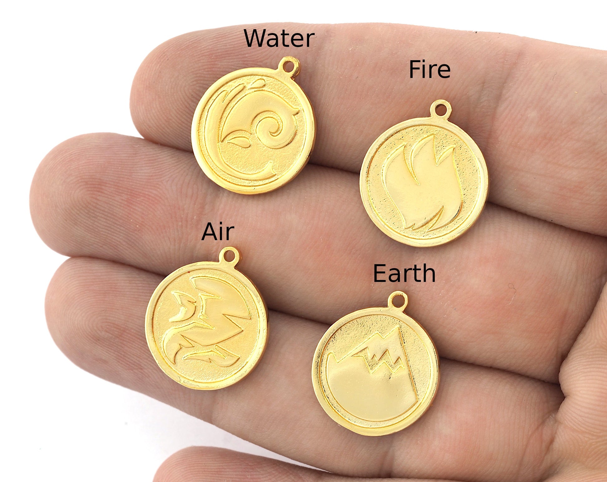 Four Elements Earth, Air, Water, Fire Symbols Charms Pendant Shiny Gold Plated Brass (20x17mm) 5131 - 5132 - 5133 - 5134