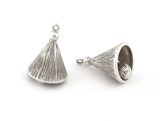 Bell , Cone Charms, Pendant, Antique Silver Plated Brass 31x18mm 5157