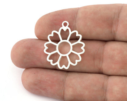 Flower, Heart Charms, Pendant, Shiny Silver Plated Brass 28x24mm 5156 newline