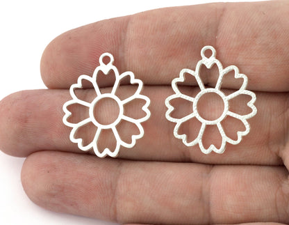 Flower, Heart Charms, Pendant, Shiny Silver Plated Brass 28x24mm 5156 newline