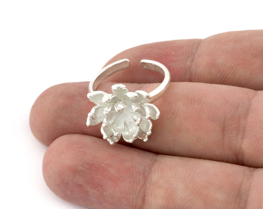 Lotus Flower Ring, Adjustable Ring, Shiny Silver Plated brass (7 - 9US inner size) 5151