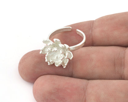 Lotus Flower Ring, Adjustable Ring, Shiny Silver Plated brass (7 - 9US inner size) 5151