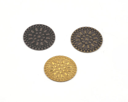 Round disc ethnic findings, raw brass - Antique bronze - Antique copper textured circle, 20mm brass oz309 -50