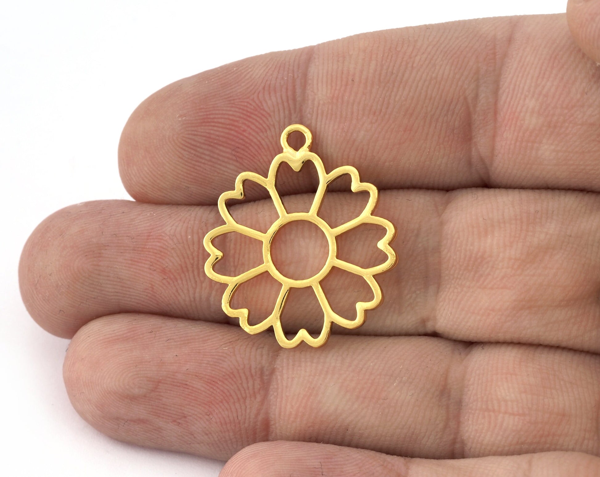 Flower, Heart Charms, Pendant, Shiny Gold Plated Brass 28x24mm 5156 newline