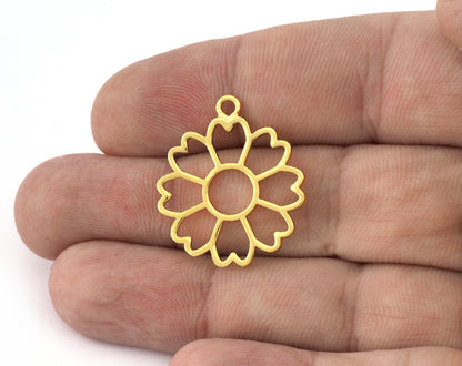 Flower, Heart Charms, Pendant, Shiny Gold Plated Brass 28x24mm 5156 newline