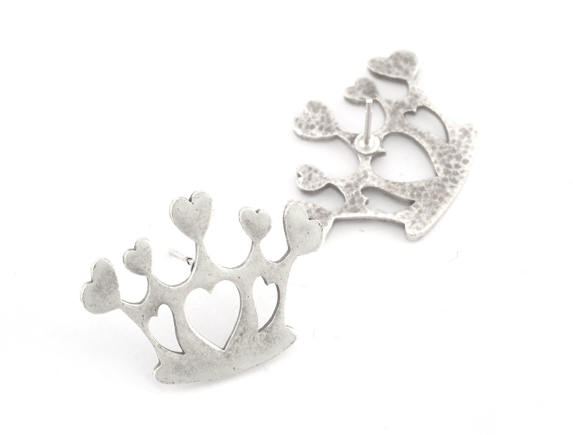 Crown, Hearts Earring Stud Post Antique Silver Plated Brass 29x21 mm Earring Blanks 5163 newline