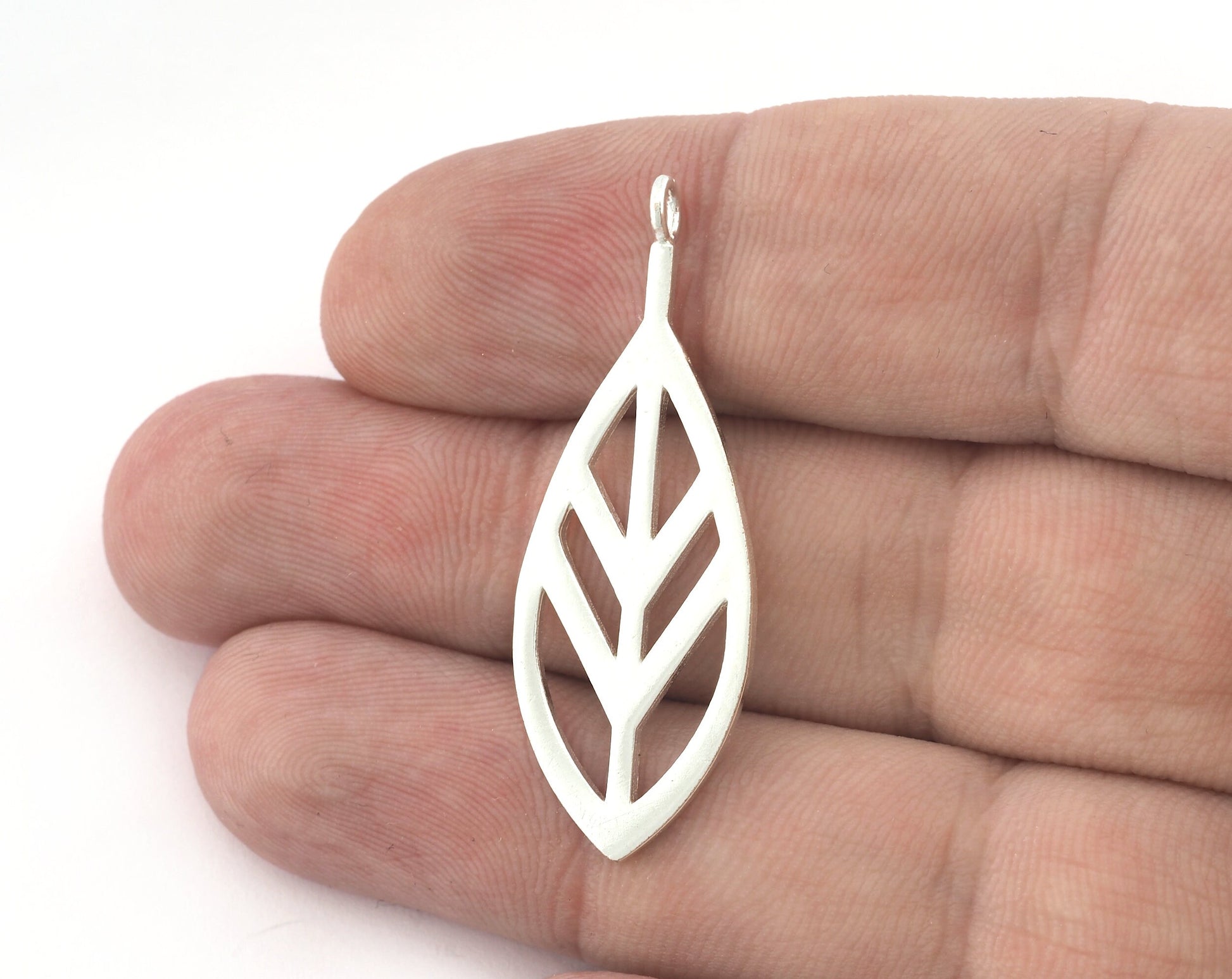 Leaf Charms, Pendant, Shiny Silver Plated Brass 43x16mm 5158 newline