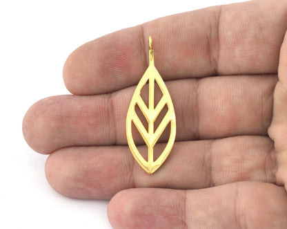 Leaf Charms, Pendant, Shiny Gold Plated Brass 43x16mm 5158 newline