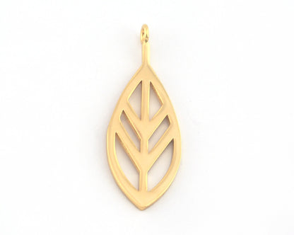 Leaf Charms, Pendant, Shiny Gold Plated Brass 43x16mm 5158 newline