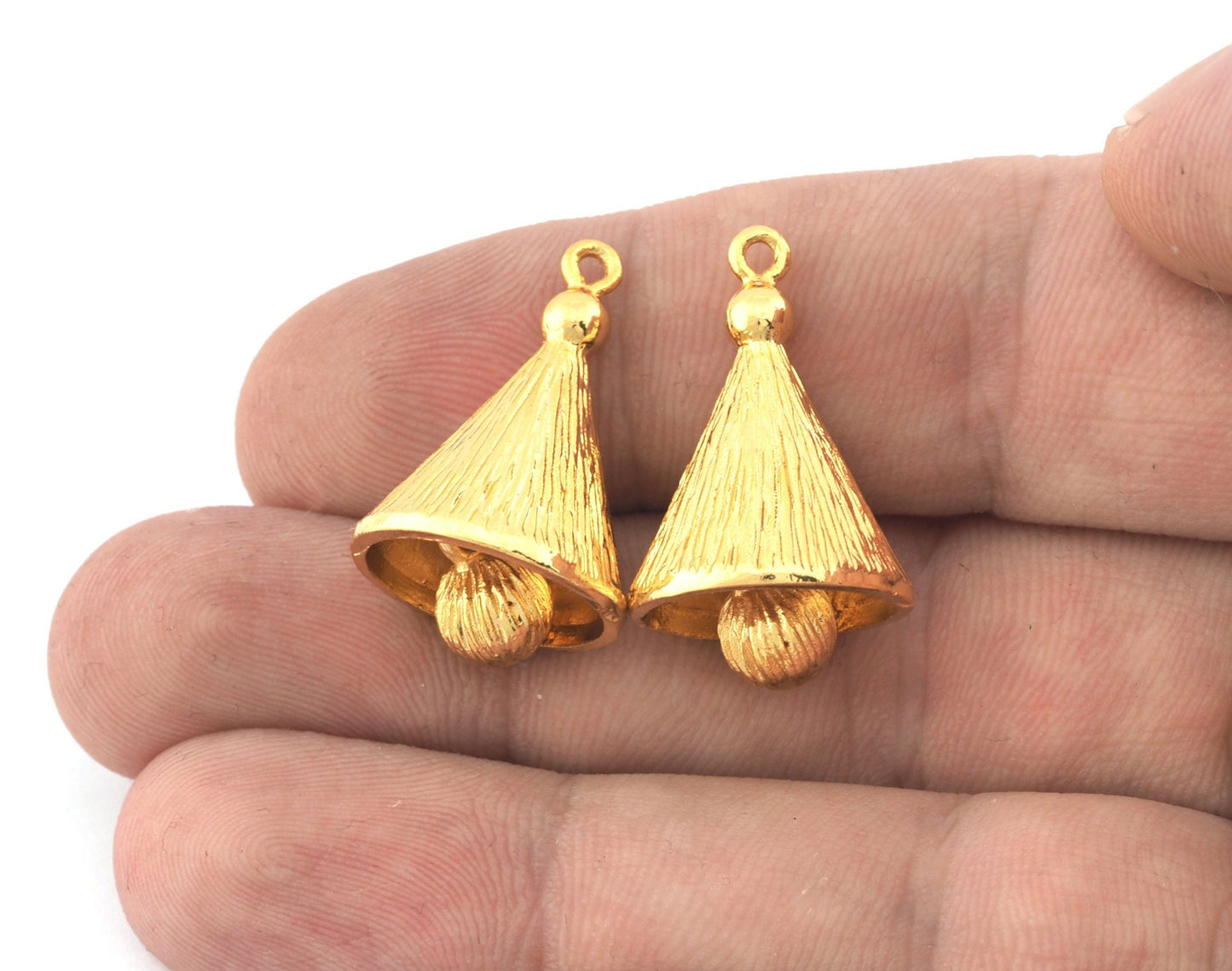 Bell , Cone Charms, Pendant, Shiny Gold Plated Brass 31x18mm 5157