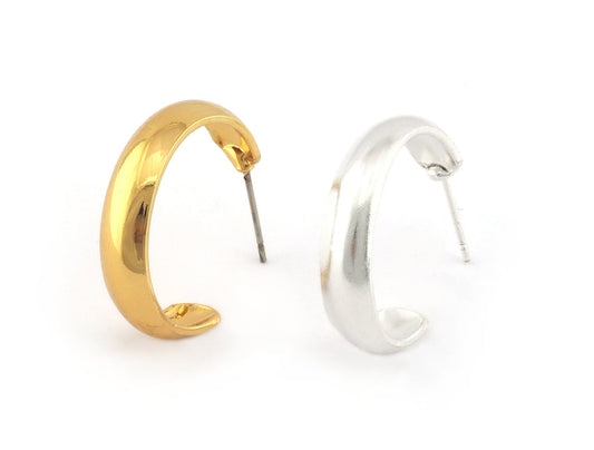 Curved Earring Circle Round Stud Earring Post Shiny Gold Plated - Shiny silver Plated Brass 25 mm Earring Blanks 5218