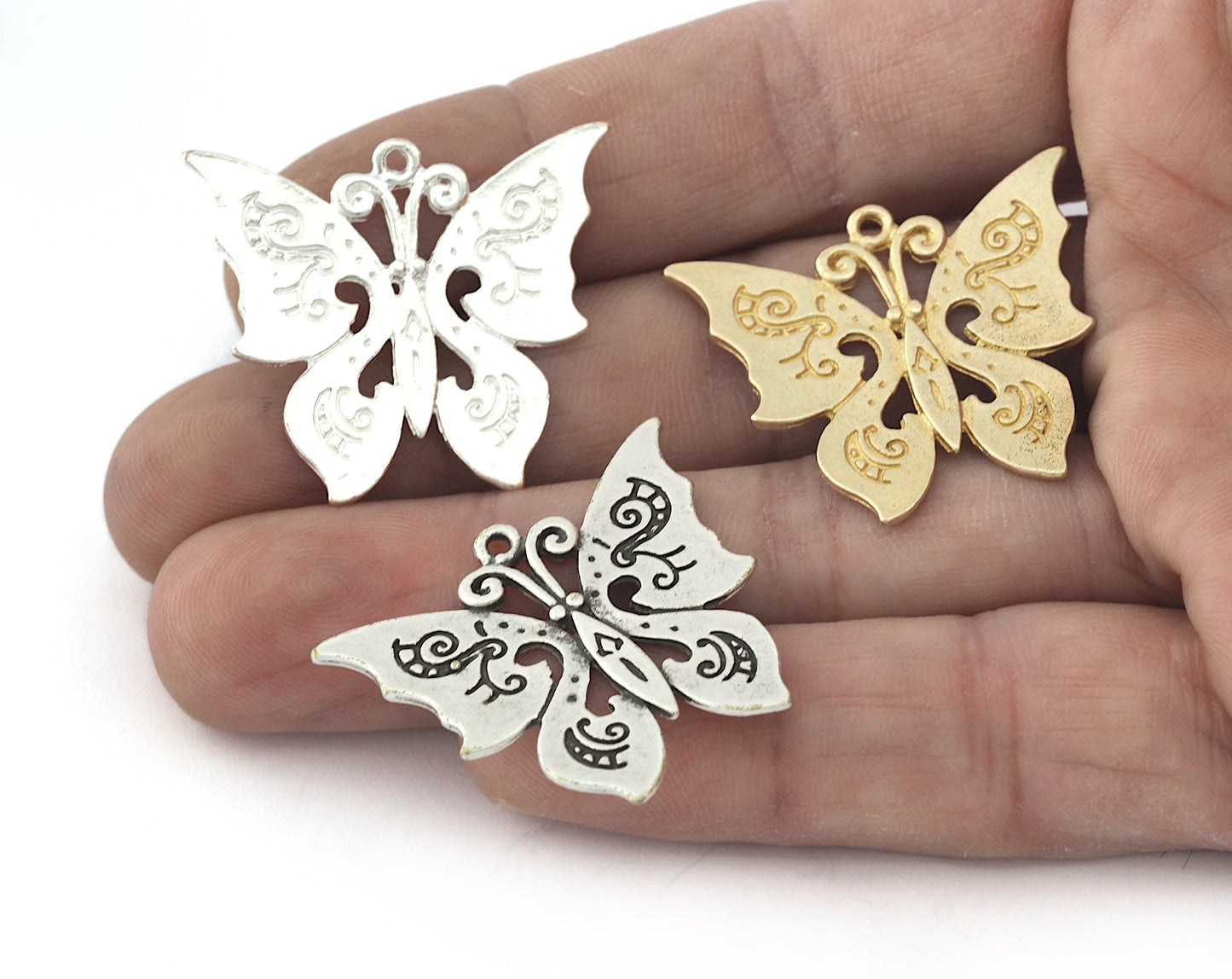 Butterfly, Moth Charms, Pendant Raw brass, Antique silver, Shiny silver plated 32x27mm 5243