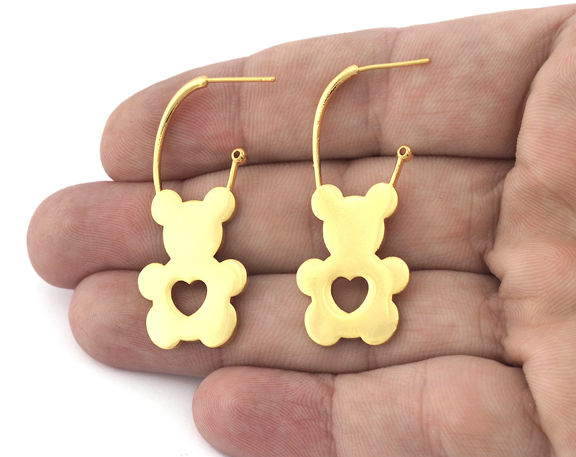 Bear Heart Earring Stud Post Shiny Gold Plated Brass 47x19 mm Earring Blanks 5167