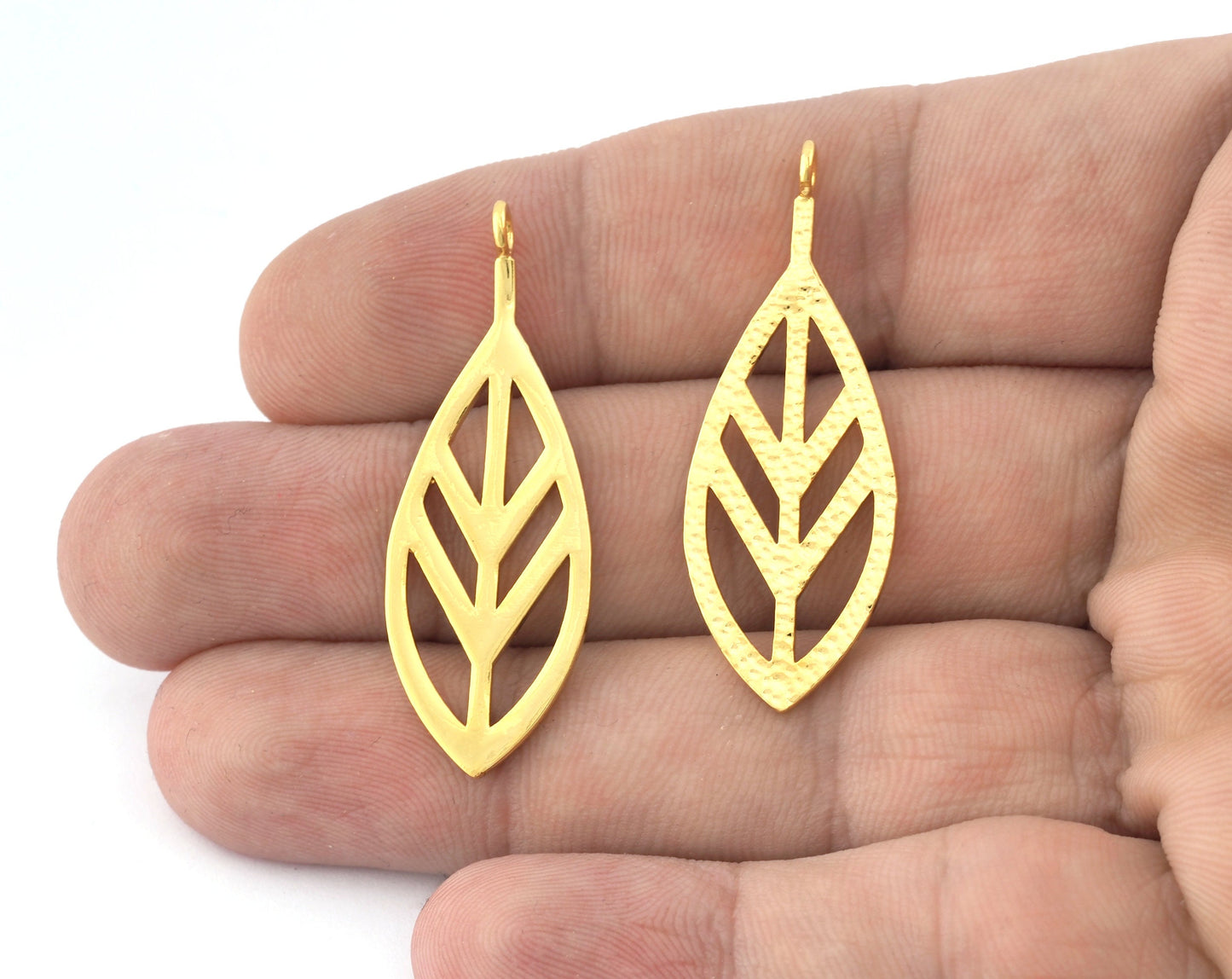 Leaf Charms, Pendant, Shiny Gold Plated Brass 43x16mm 5158 newline