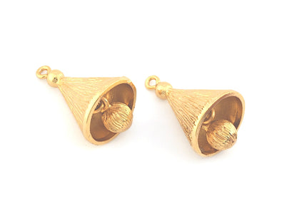 Bell , Cone Charms, Pendant, Shiny Gold Plated Brass 31x18mm 5157