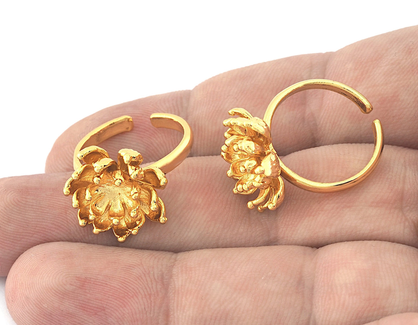 Lotus Flower Ring, Adjustable Ring, Shiny Gold Plated brass (7 - 9US inner size) 5151