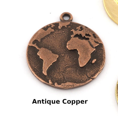 World Map Pendant, Raw Brass, Antique Copper Silver 21x18mm 5169