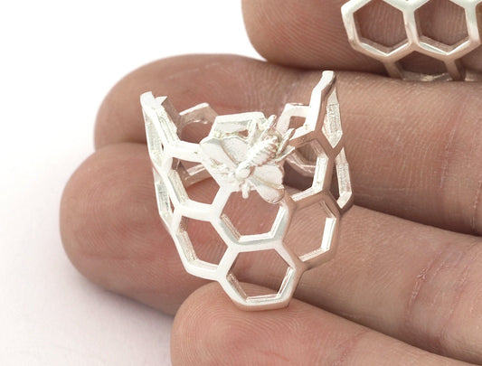 Honey Comb Ring, Bee Ring, Adjustable Shiny Silver plated brass (18US - 8US inner size) 5213