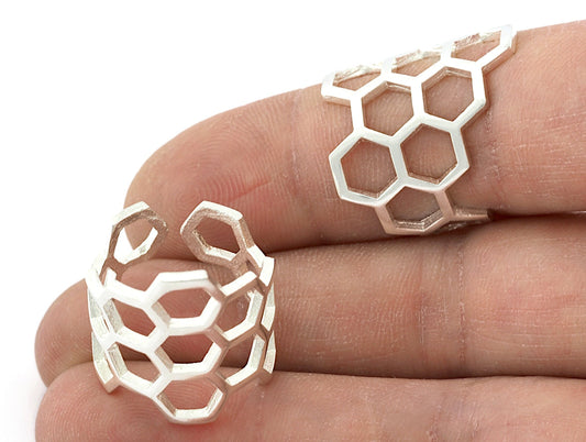 Honey Comb Ring, Adjustable Shiny silver plated brass (6US - 8US inner size) 5217