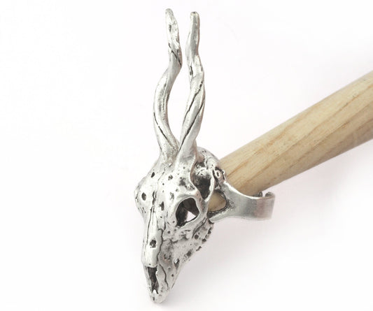 Goat Skull Ring Adjustable Antique silver plated brass (18mm 8US inner size) 5228