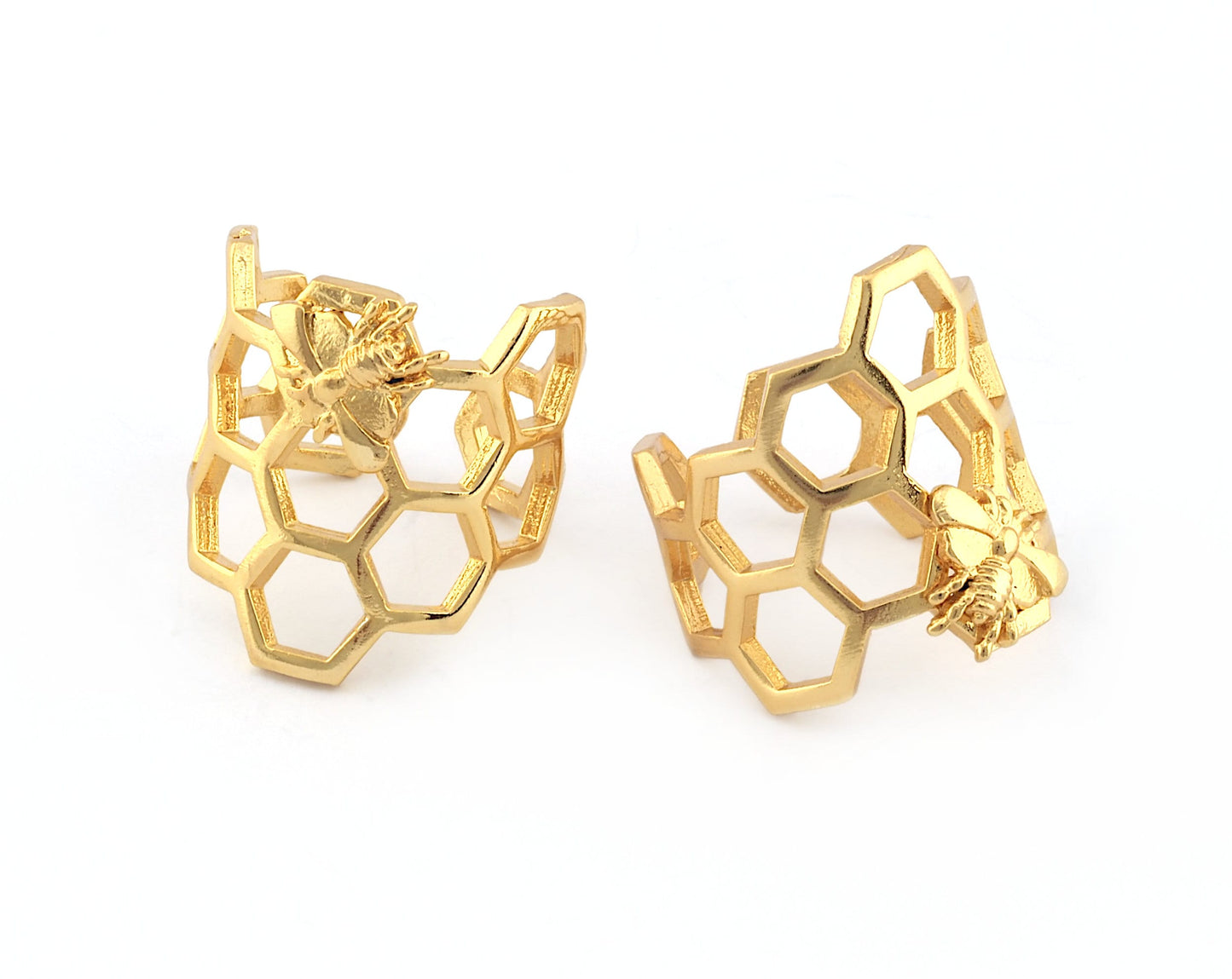 Honey Comb Ring, Bee Ring, Adjustable Shiny Gold plated brass (18US - 8US inner size) 5213