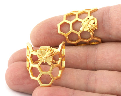 Honey Comb Ring, Bee Ring, Adjustable Shiny Gold plated brass (18US - 8US inner size) 5213