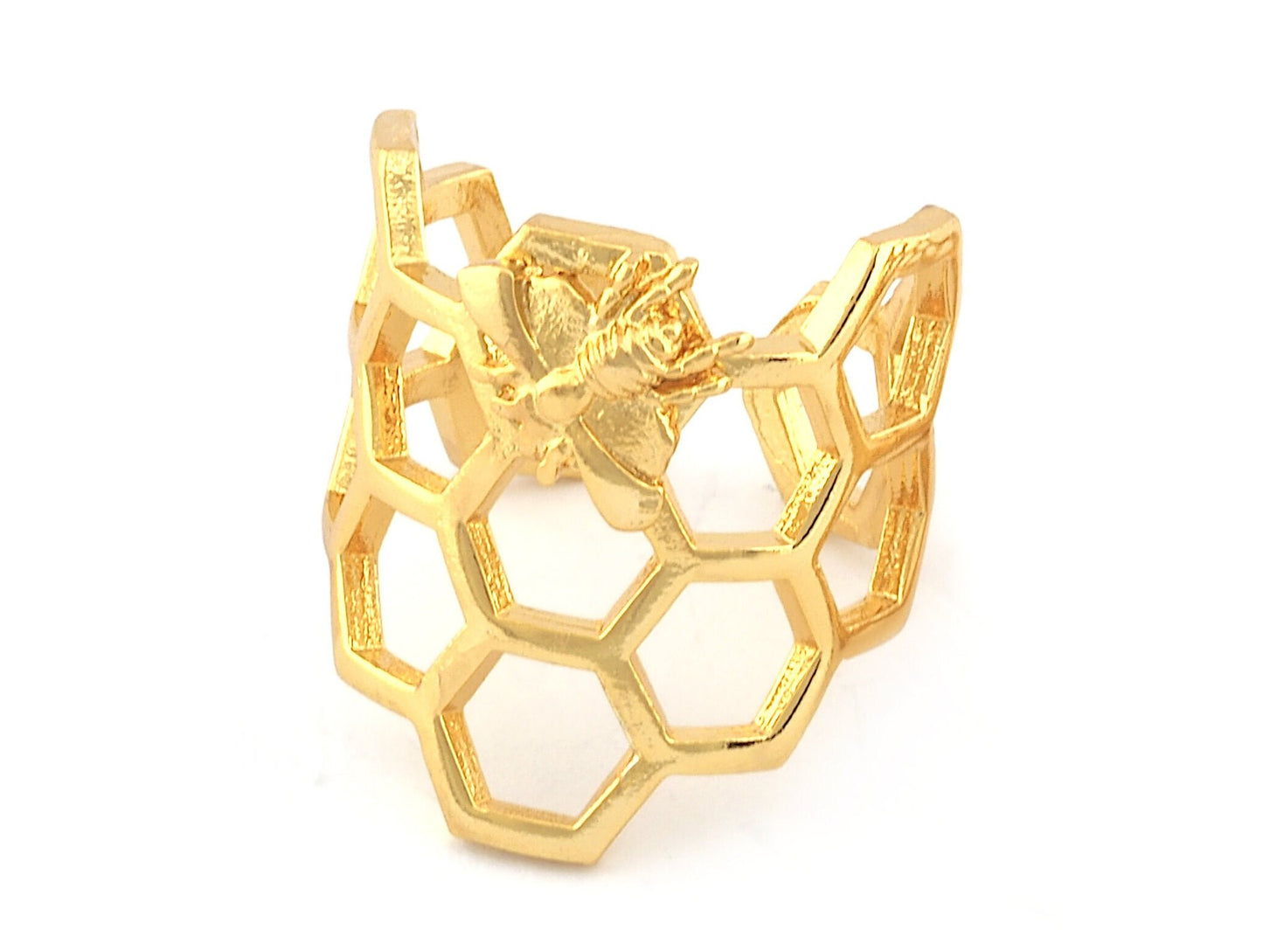 Honey Comb Ring, Bee Ring, Adjustable Shiny Gold plated brass (18US - 8US inner size) 5213