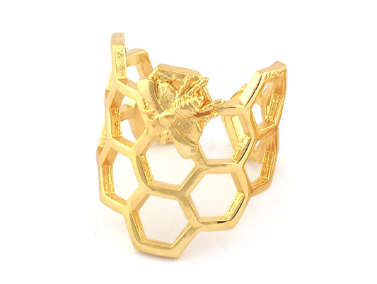 Honey Comb Ring, Bee Ring, Adjustable Shiny Gold plated brass (18US - 8US inner size) 5213