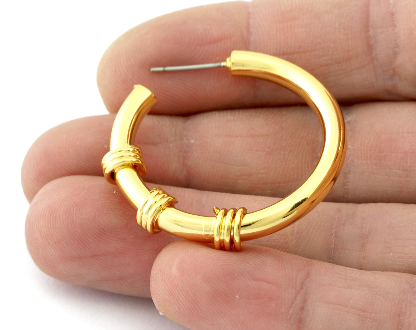 Three knuckle earrings Circle earring post stud wire base pair Shiny gold plated 36mm 5308