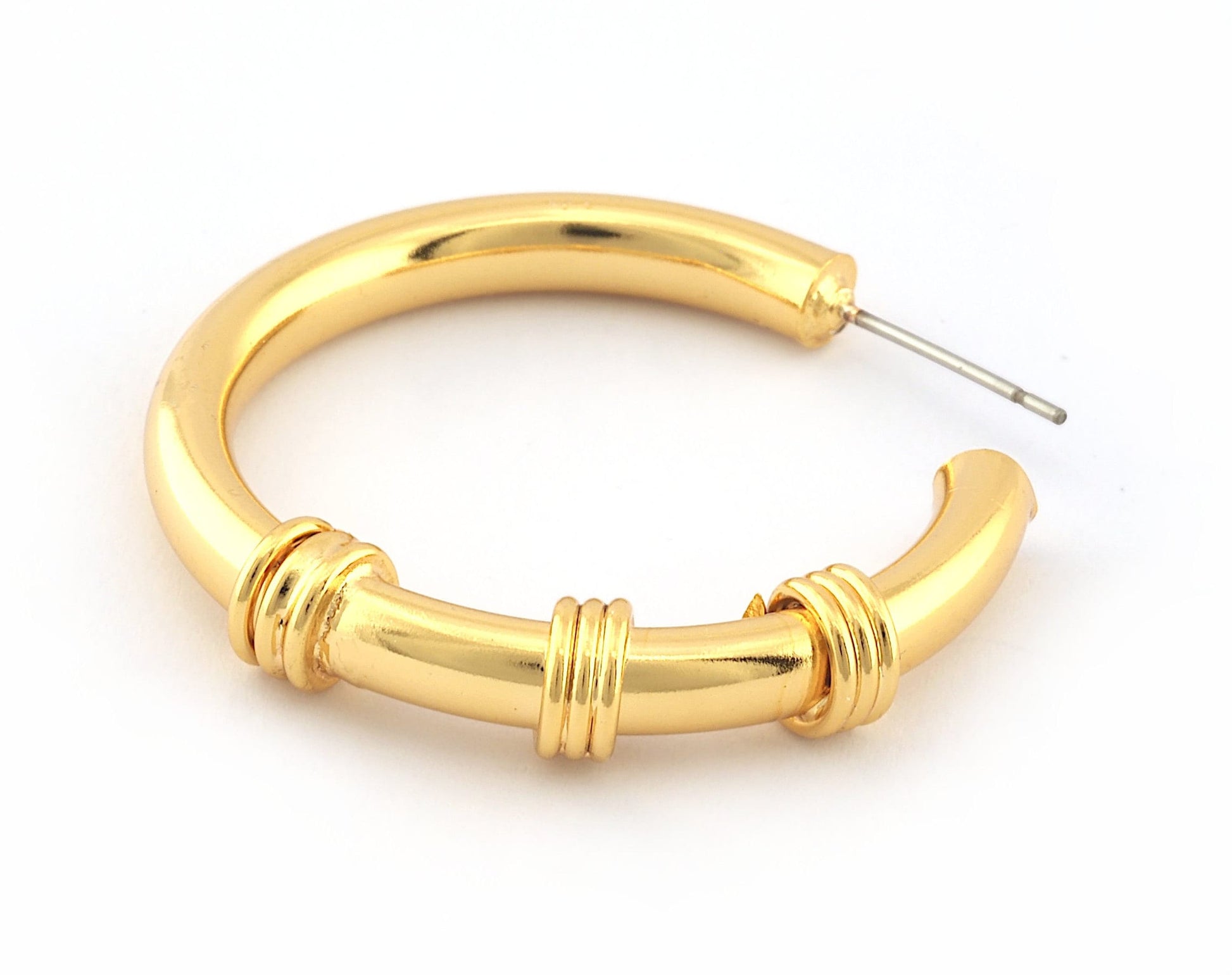 Three knuckle earrings Circle earring post stud wire base pair Shiny gold plated 36mm 5308