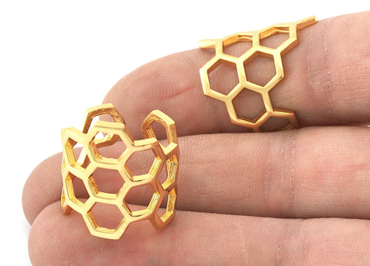 Honey Comb Ring, Adjustable Shiny gold plated brass (6US - 8US inner size) 5217