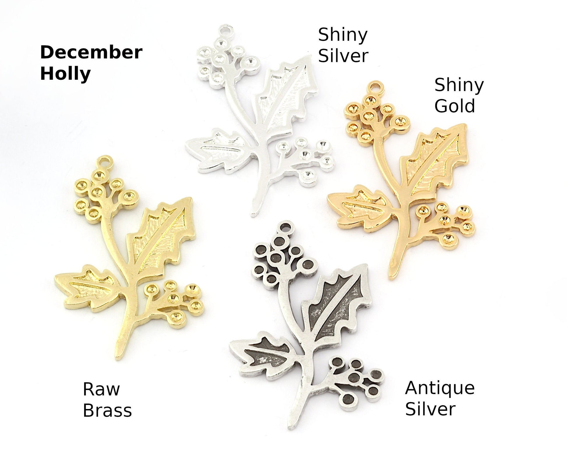 Birth Monthly Flower (December Holly ) Charms Pendant Raw Solid Brass , Antique silver, Shiny silver, Shiny gold plated 38x24mm 5267