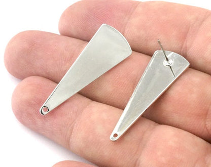 Triangle Earring Stud Post 1 Hole Silver Tone (Nickel Free) Plated Brass 37x14mm Earring Blanks 2492