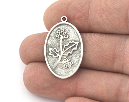 Birth Monthly Flower (December Holly ) Oval Charms Pendant Raw Solid Brass , Antique silver, Shiny silver, Shiny gold plated 29x18mm 5274