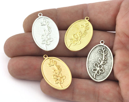 Birth Monthly Flower (May Hawthorne) Oval Charms Pendant Raw Solid Brass , Antique silver, Shiny silver, Shiny gold 29x18mm 5279