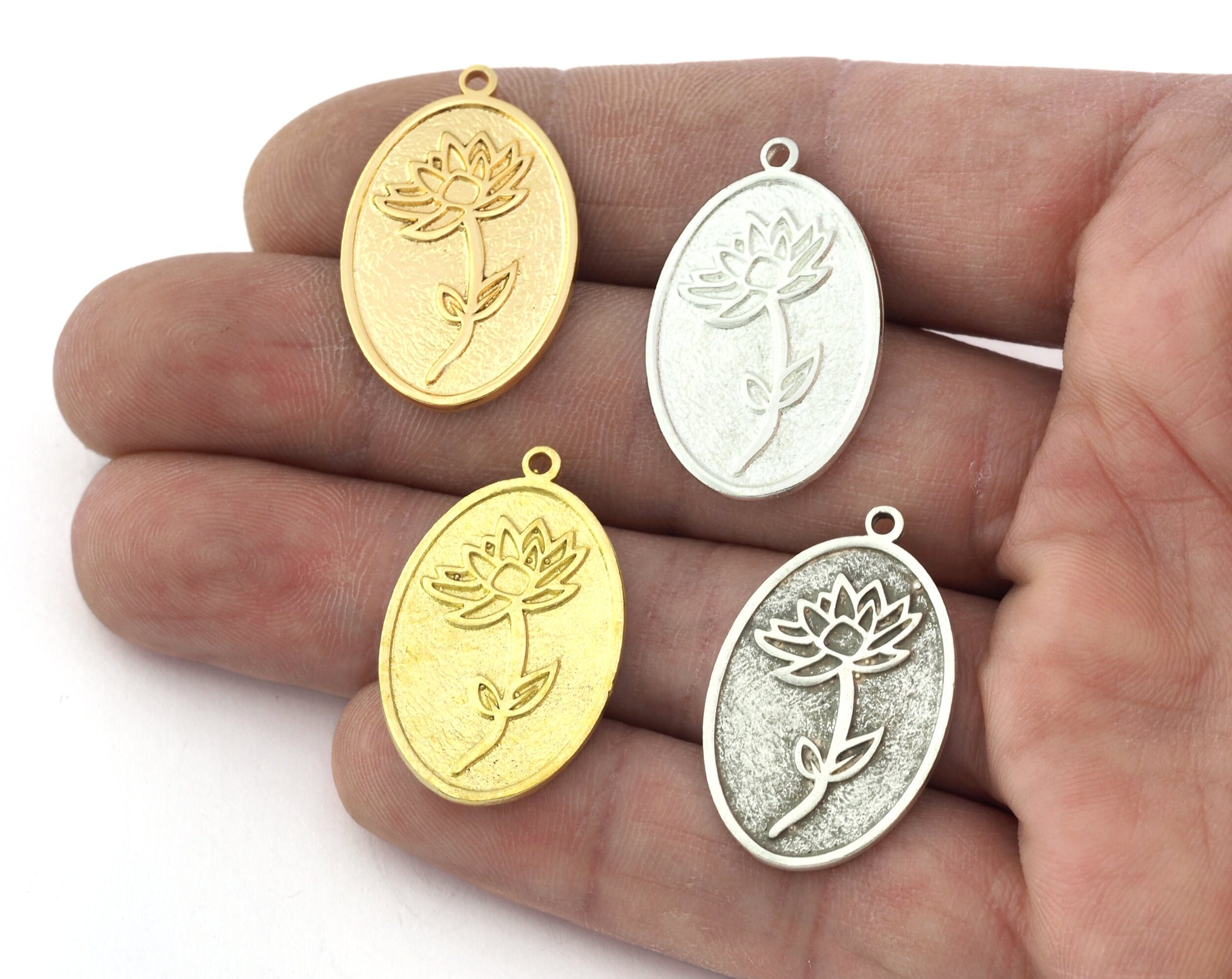 Birth Monthly Flower (July Water Lily) Oval Charms Pendant Raw Solid Brass , Antique silver, Shiny silver, Shiny gold 29x18mm 5281