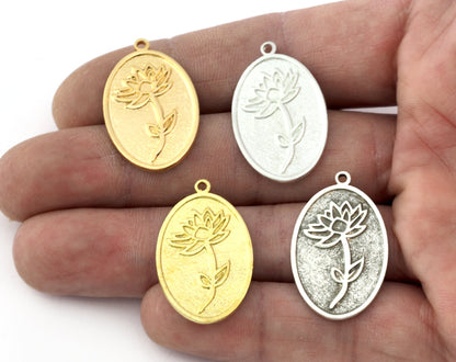 Birth Monthly Flower (July Water Lily) Oval Charms Pendant Raw Solid Brass , Antique silver, Shiny silver, Shiny gold 29x18mm 5281