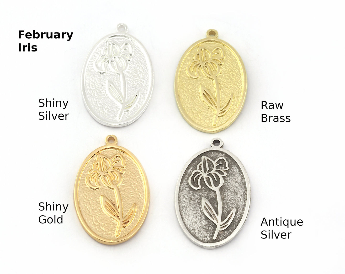 Birth Monthly Flower (February Iris) Oval Charms Pendant Raw Solid Brass , Antique silver, Shiny silver, Shiny gold 29x18mm 5285